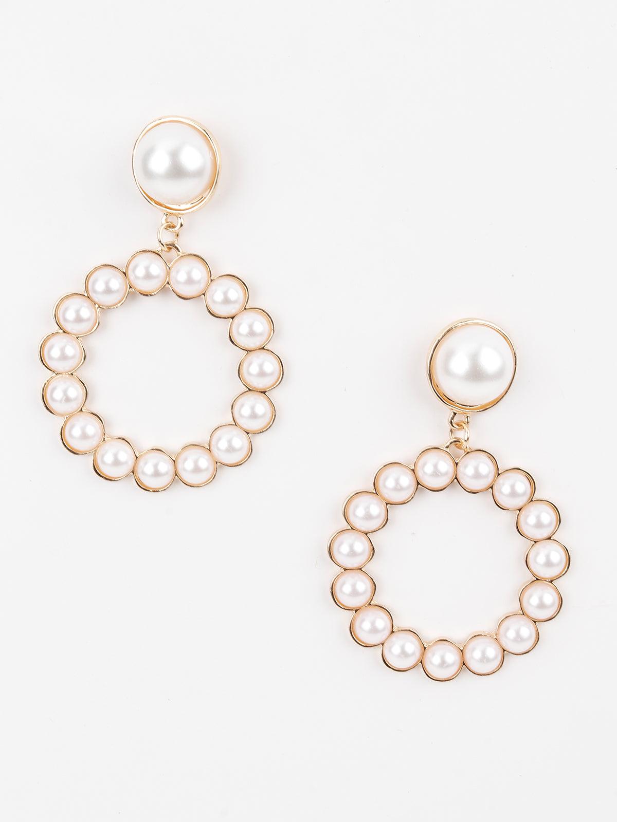 Gold Tone White Pearl Cute Dangle Earrings - Odette