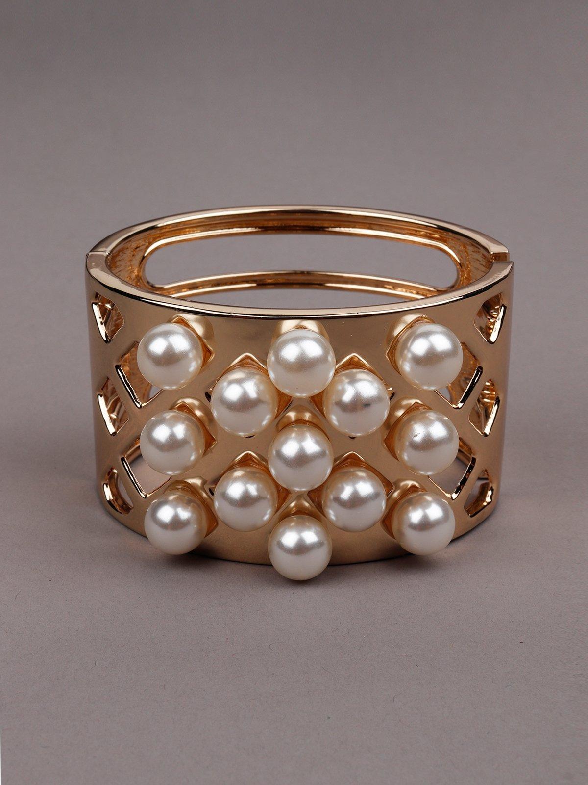 Gold-Tone Wide Pearl-Embellished Cuff Bracelet - Odette