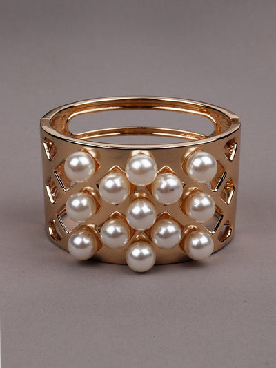 Gold-Tone Wide Pearl-Embellished Cuff Bracelet - Odette