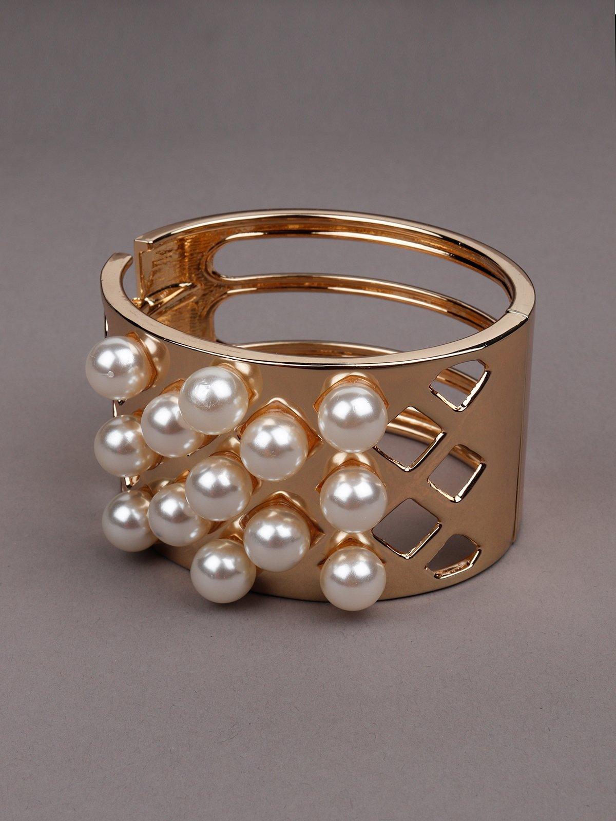 Gold-Tone Wide Pearl-Embellished Cuff Bracelet - Odette