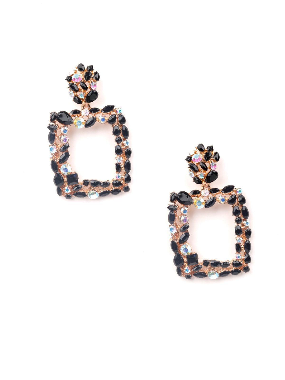 Gold-Toned Black & White Studded Square Drop Earrings - Odette