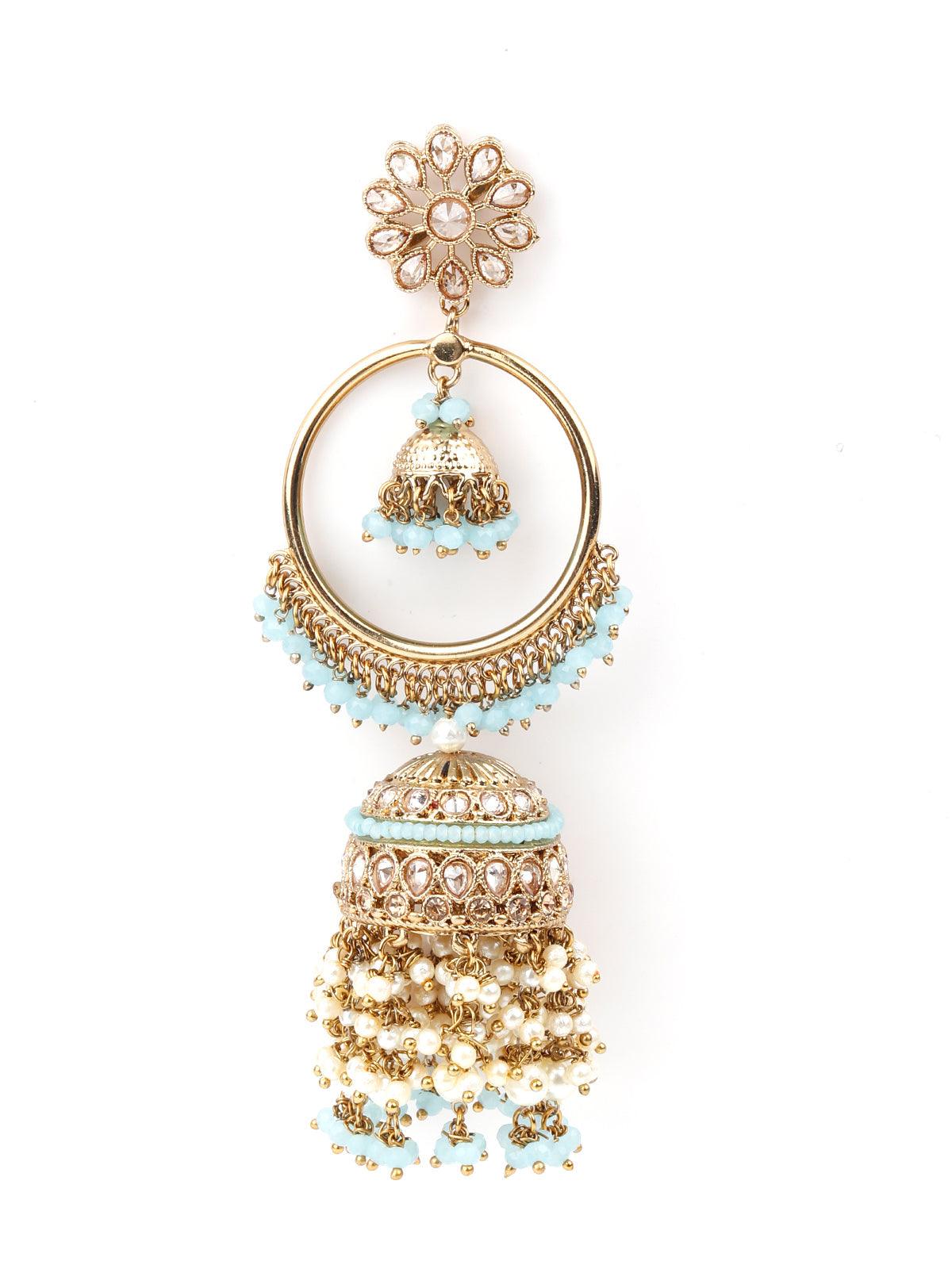 Golden Ornate Sea Blue Stone Jhumki Earrings - Odette