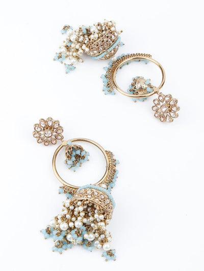 Golden Ornate Sea Blue Stone Jhumki Earrings - Odette