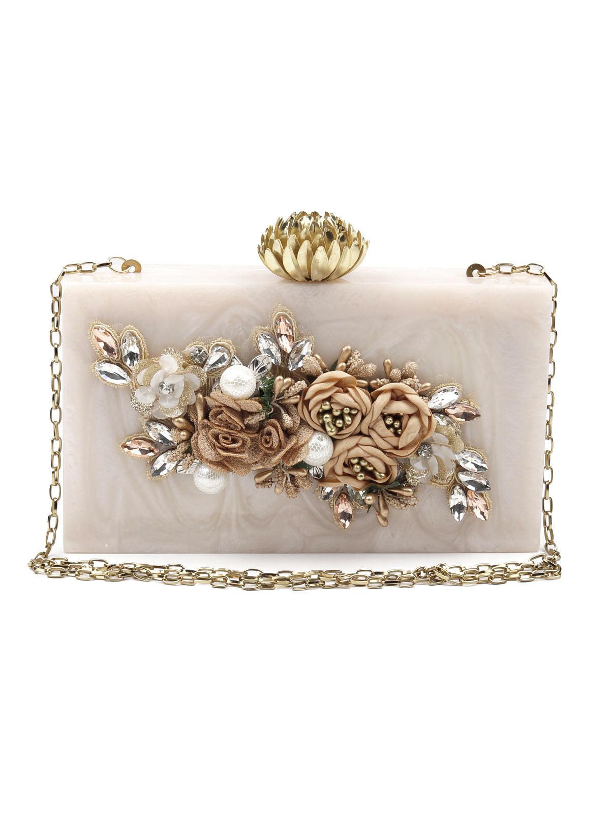 Golden Resin Floral Embellished Box Clutch - Odette