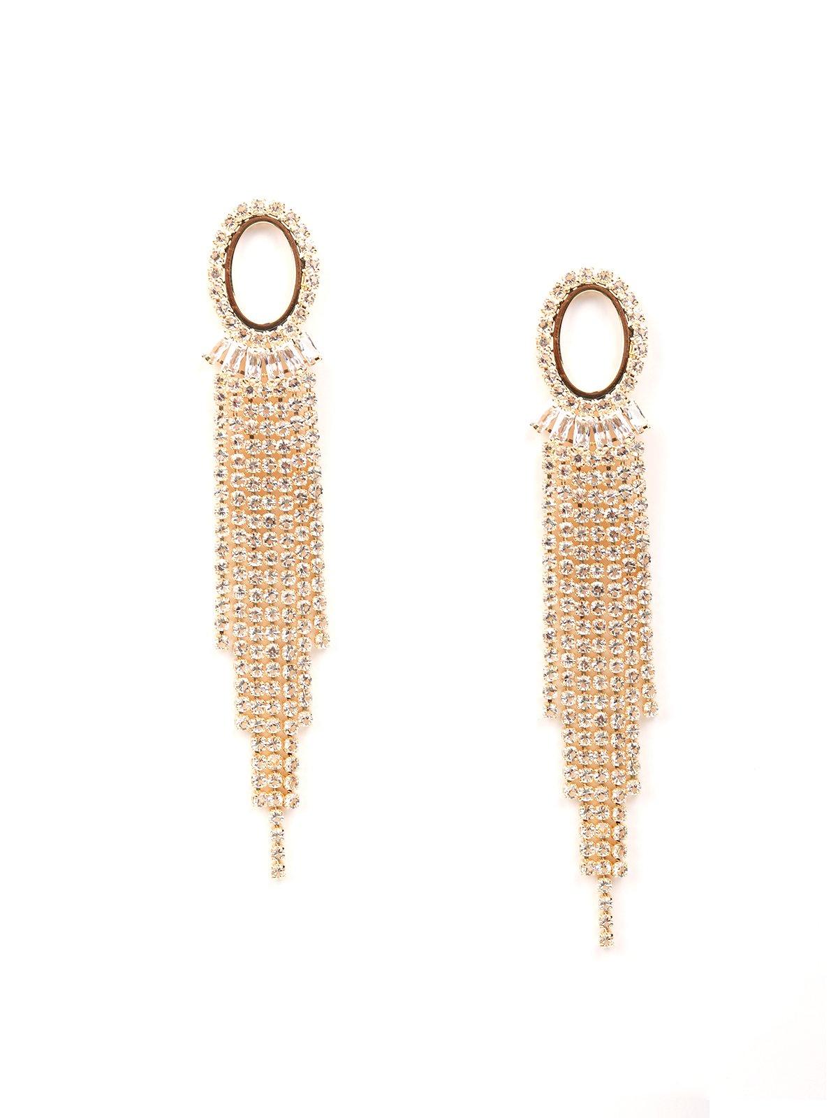 Golden Rounded Crystal Tassel Drop Earrings - Odette