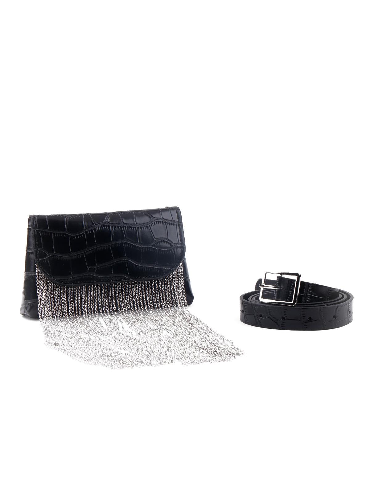 Gorgeous black croc textured tassel bag for women - Odette