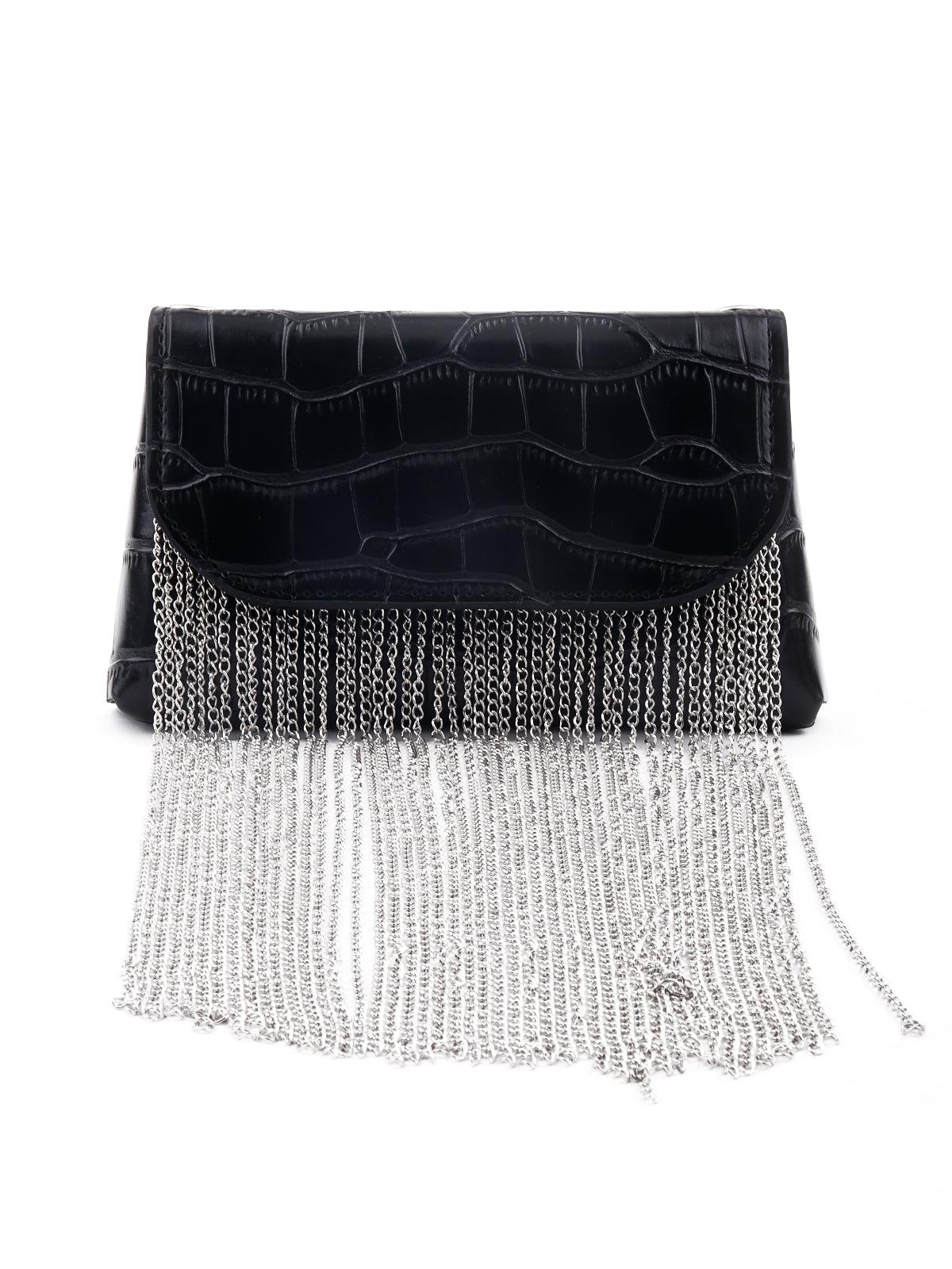 Gorgeous black croc textured tassel bag for women - Odette
