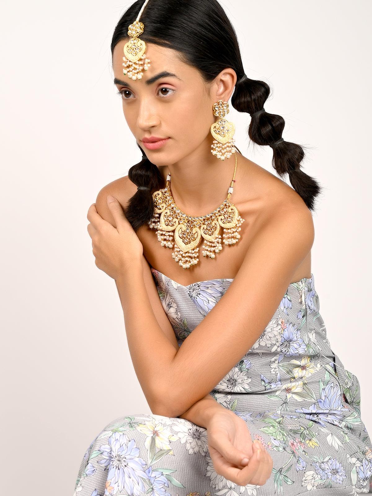 Gorgeous gold embellished necklace set for women - Odette
