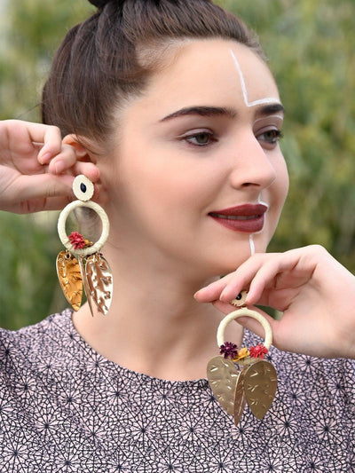 Gorgeous Gold Pleated Leaf Design Earrings - Odette