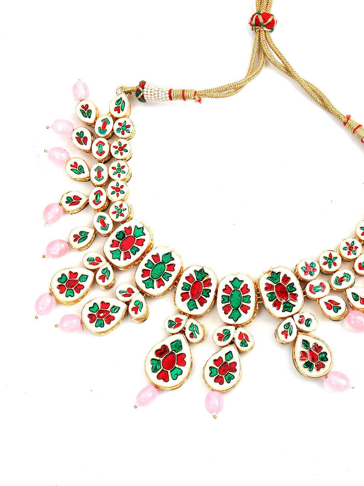 Gorgeous Gold Tone Kundan-Pink Mani Choker Set - Odette