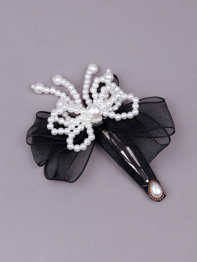 Gorgeous jet black bow hair-clips embellished with artificial pearls - Odette