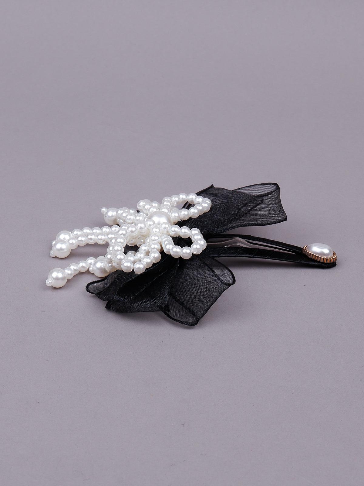 Gorgeous jet black bow hair-clips embellished with artificial pearls - Odette