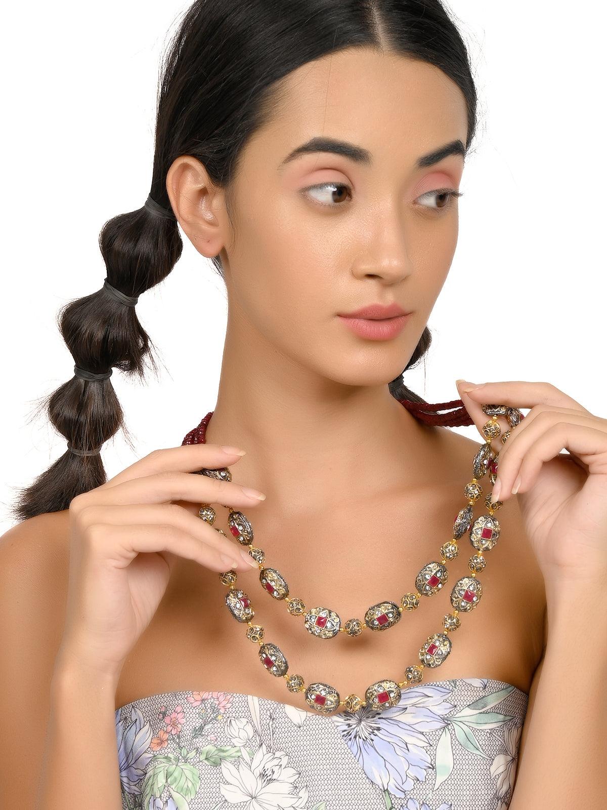 Gorgeous maroon embellished elegant necklace - Odette