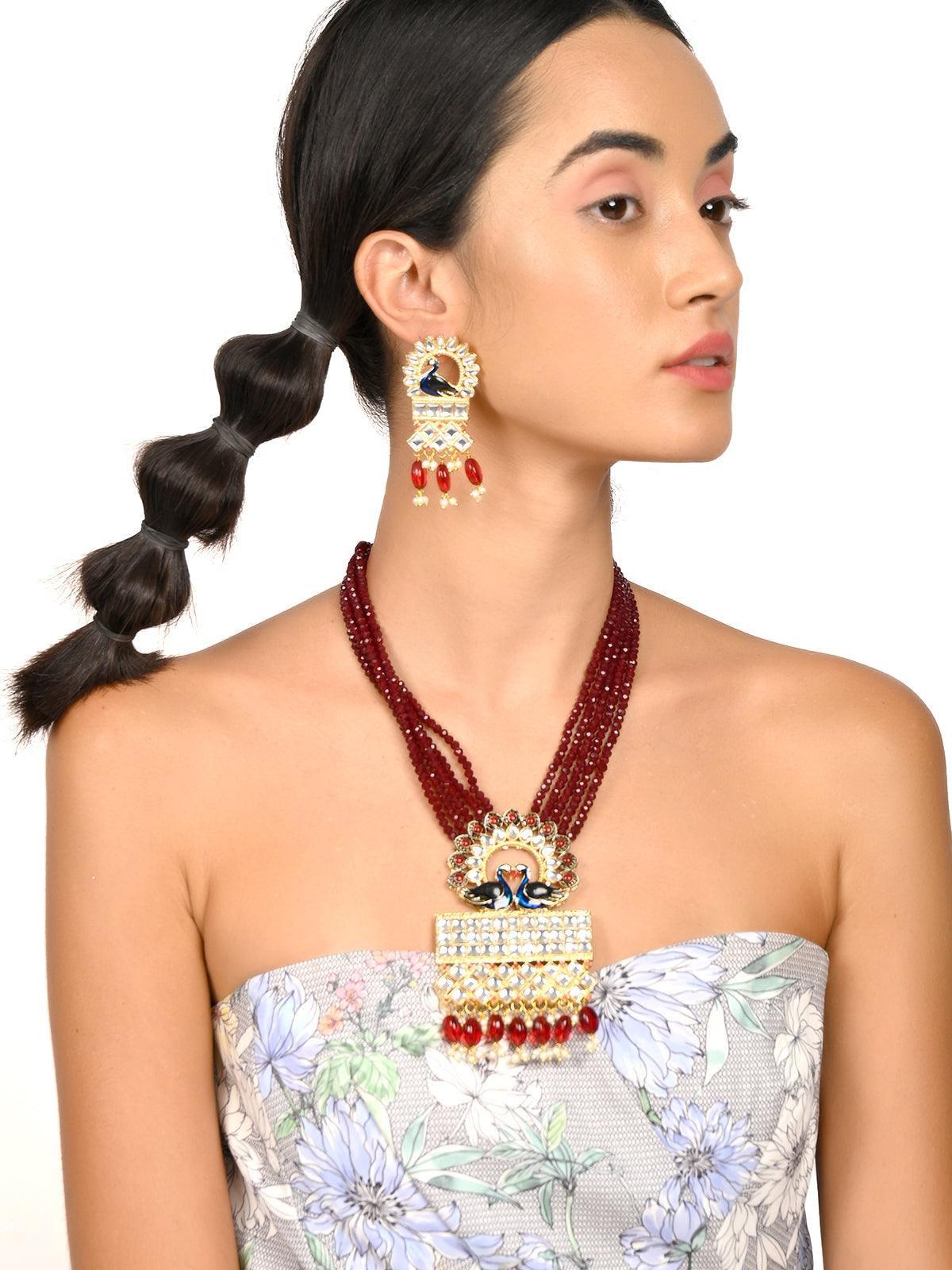 Gorgeous Maroon peacock embellished necklace - Odette