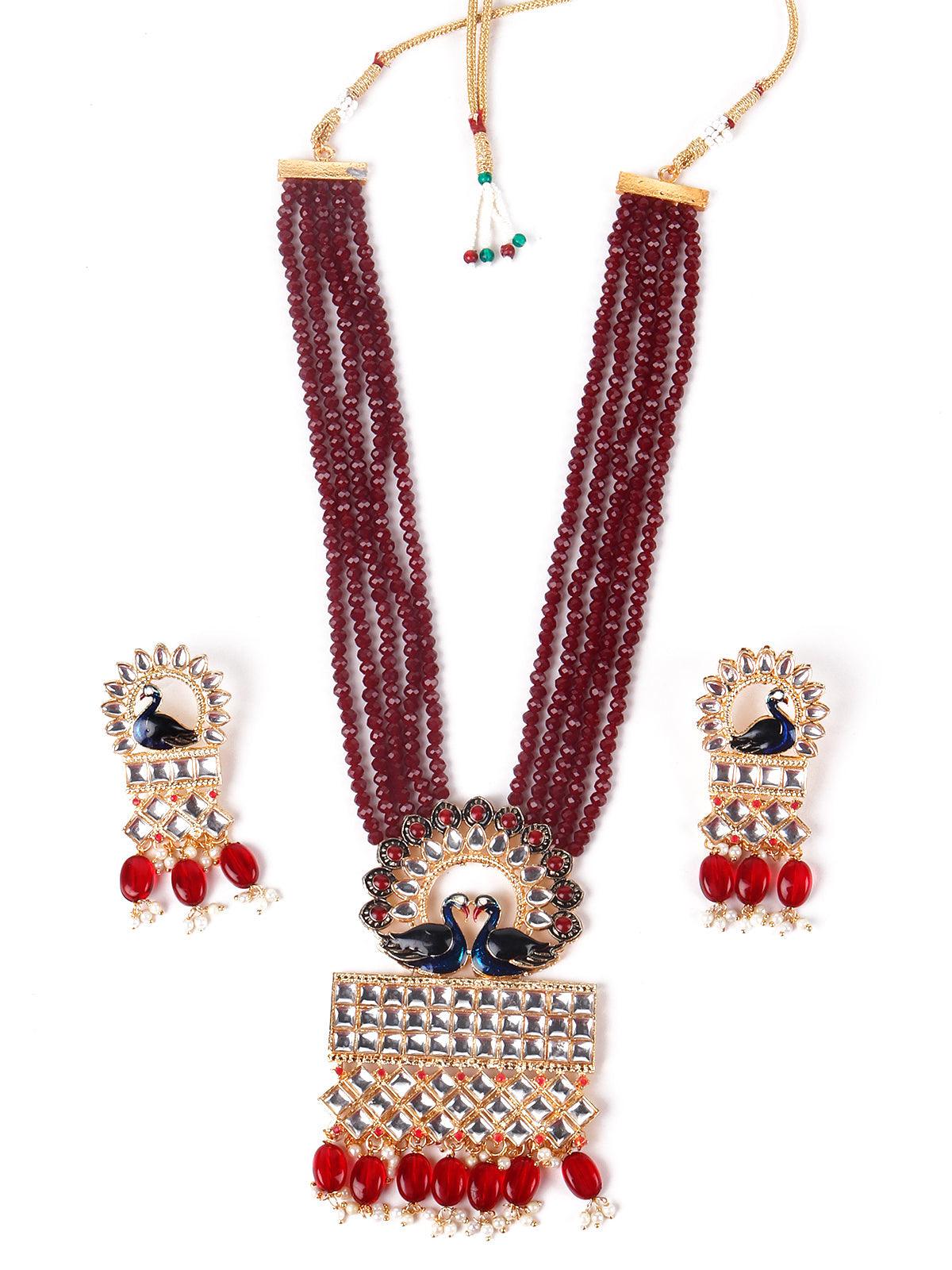 Gorgeous Maroon peacock embellished necklace - Odette