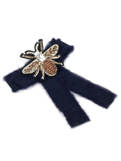 Gorgeous navy blue bow brooch embellished with a butterfly - Odette