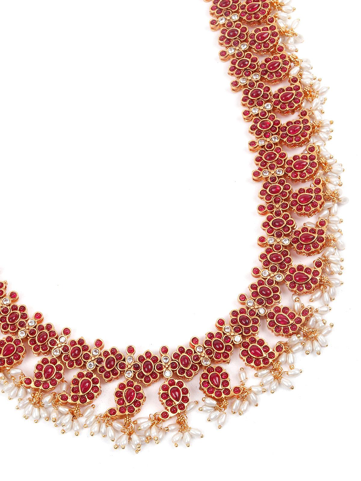 Gorgeous Red and Gold Traditional Long Necklace Set for Women - Odette