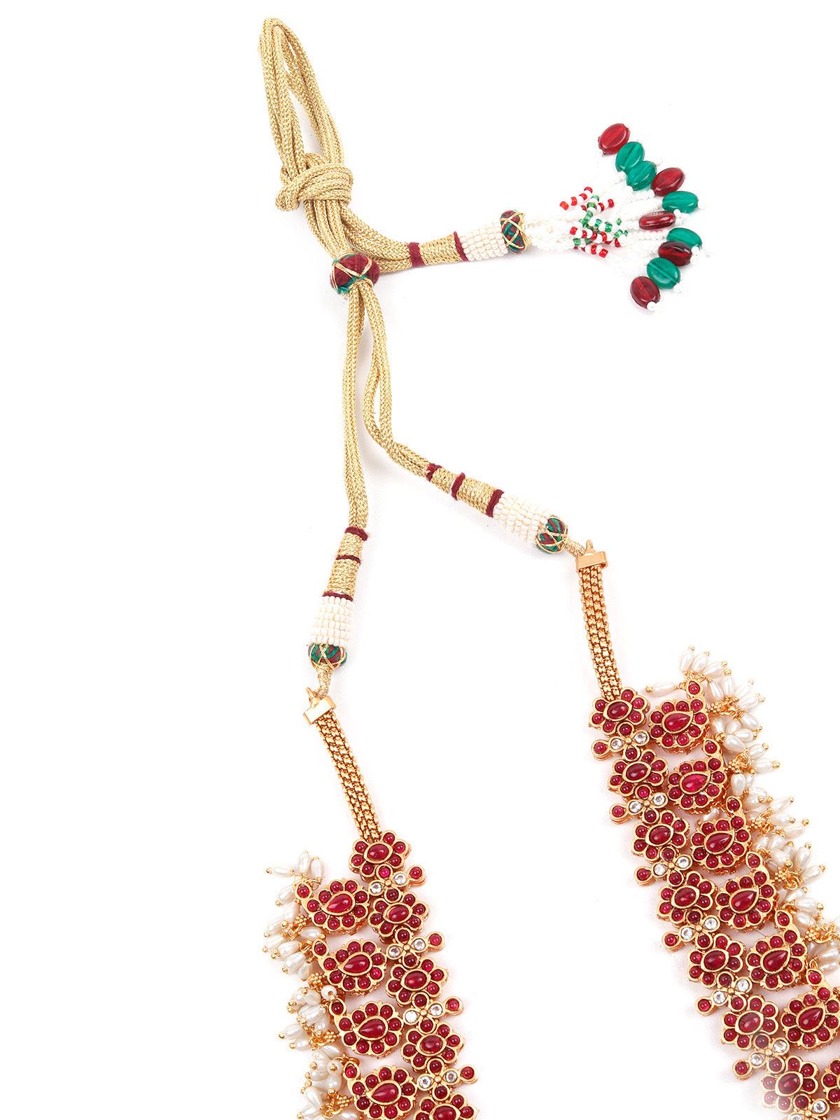 Gorgeous Red and Gold Traditional Long Necklace Set for Women - Odette