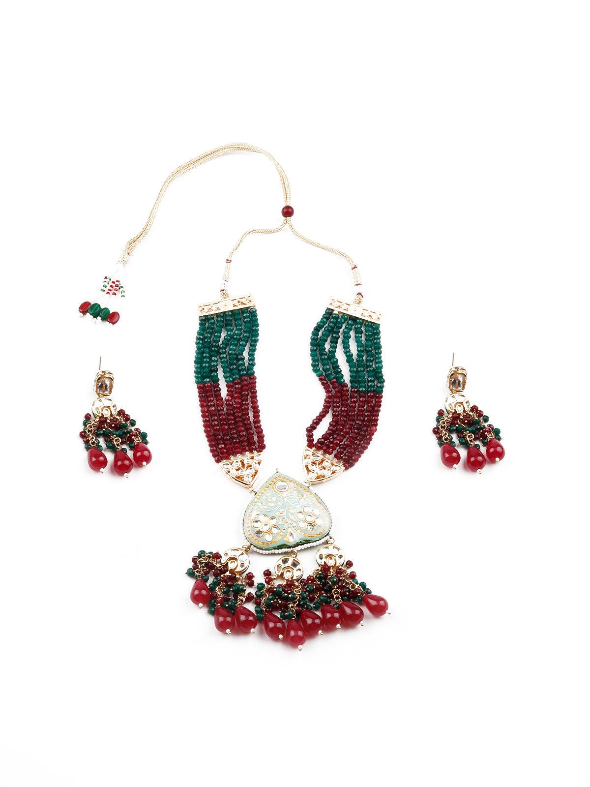 Gorgeous red and green statement necklace set for women - Odette
