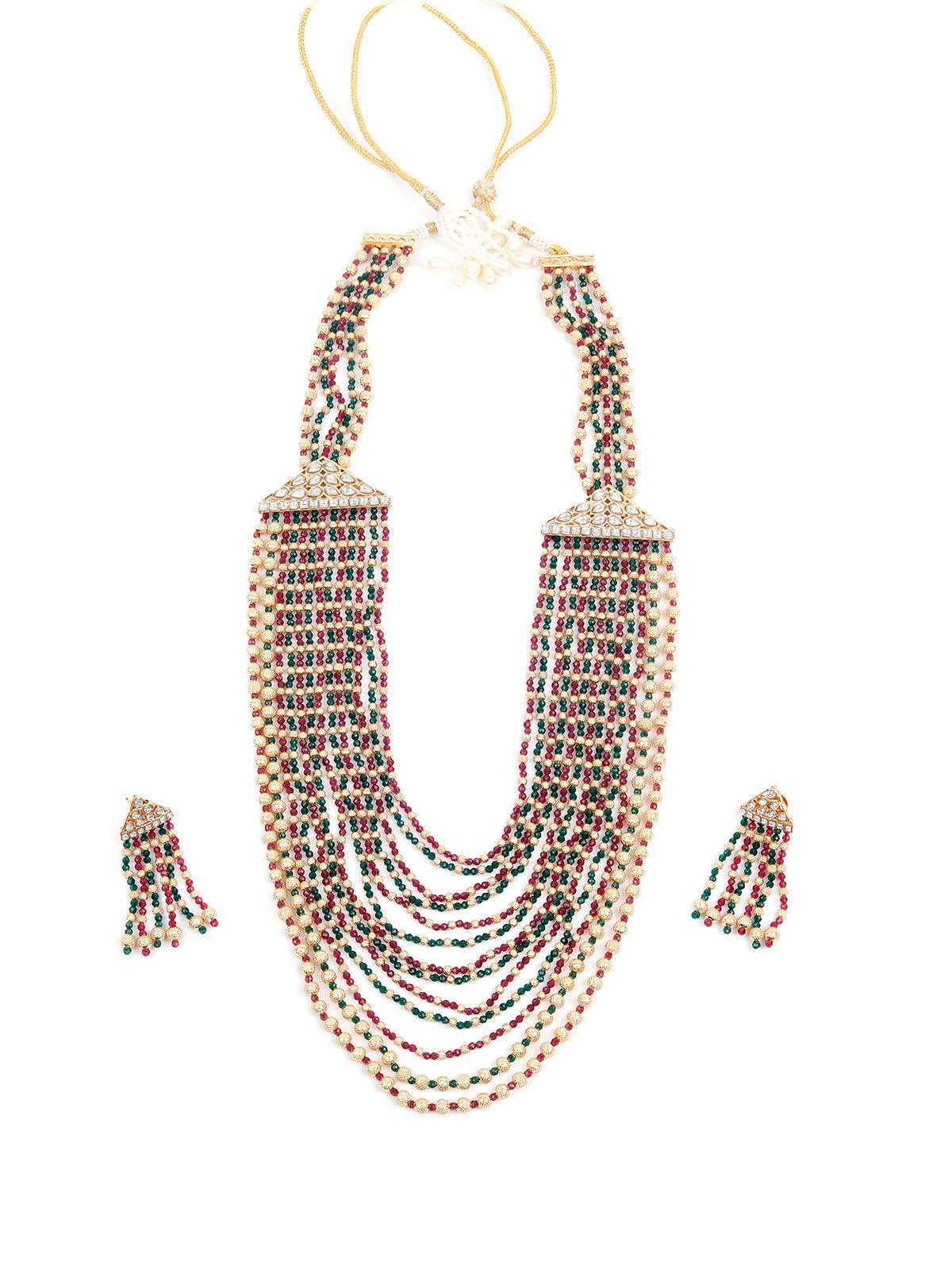 Gorgeous Red, Green and Gold Long Necklace Set for Women - Odette