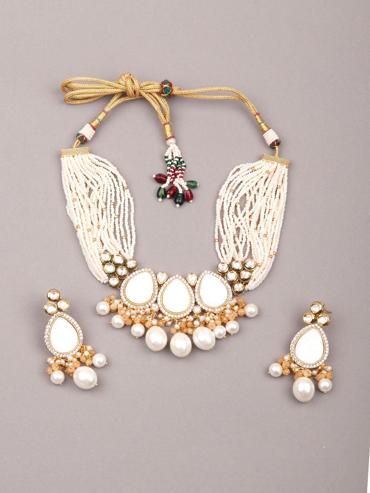Gorgeous white beaded statement necklace set for women - Odette