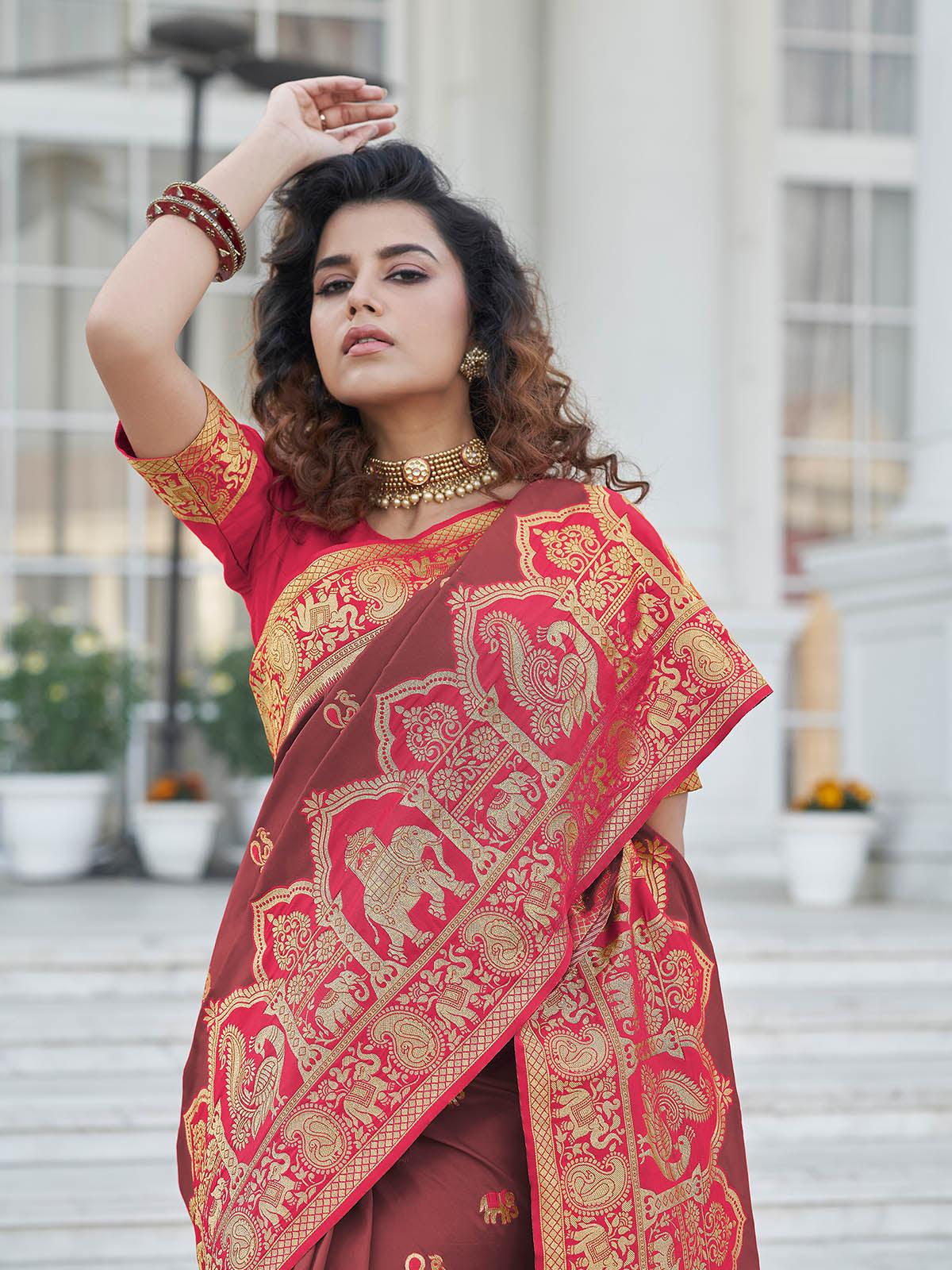 Gorgeous Woven Brown Banarasi Silk Saree - Odette