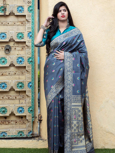 Gorgeous Woven Grey Banarasi Silk Saree - Odette