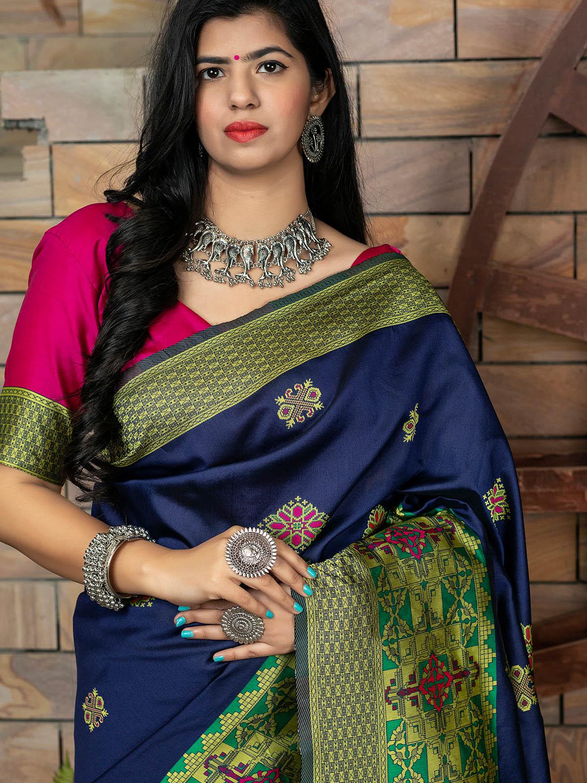 Gorgeous Woven Navy Banarasi Silk Saree - Odette