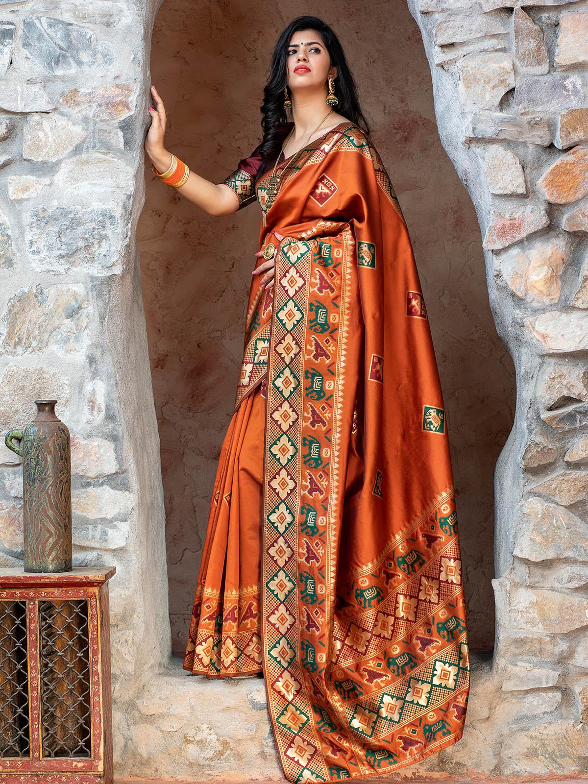 Gorgeous Woven Orange Patola Silk Saree - Odette