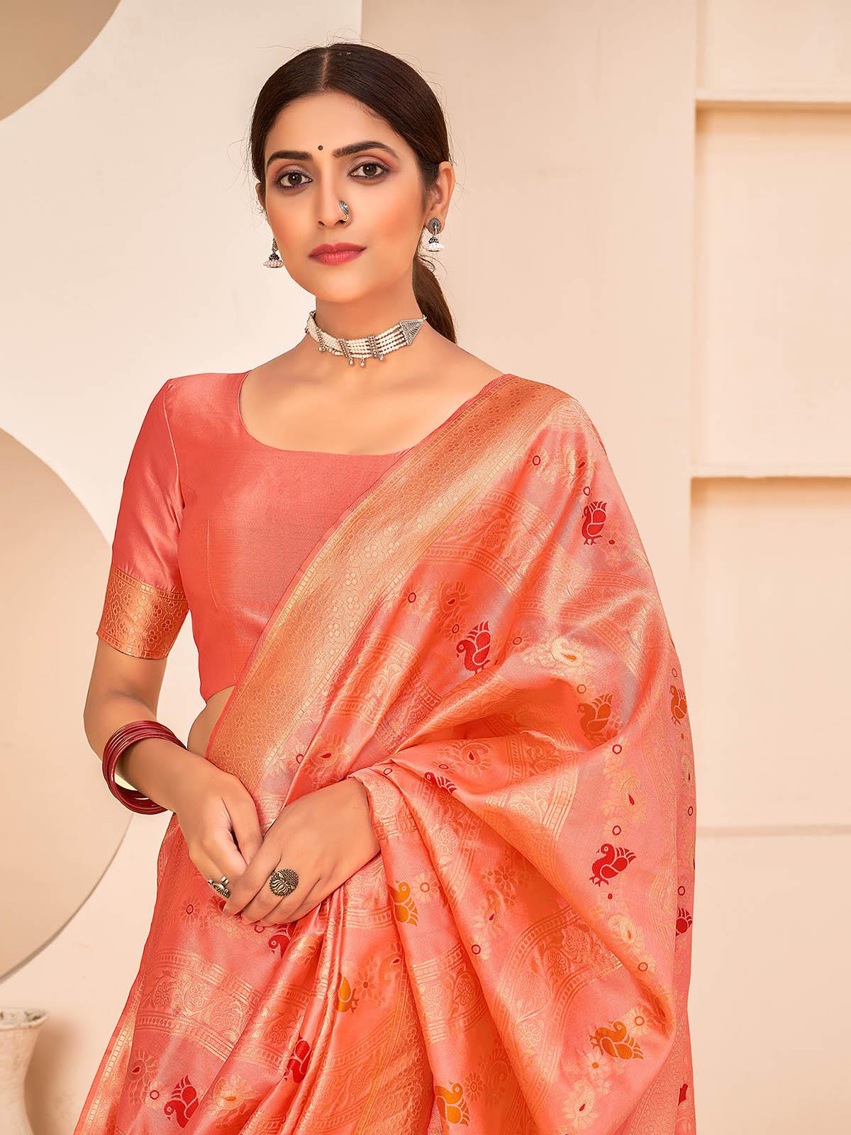 Gorgeous Woven Peach Banarasi Silk Saree - Odette
