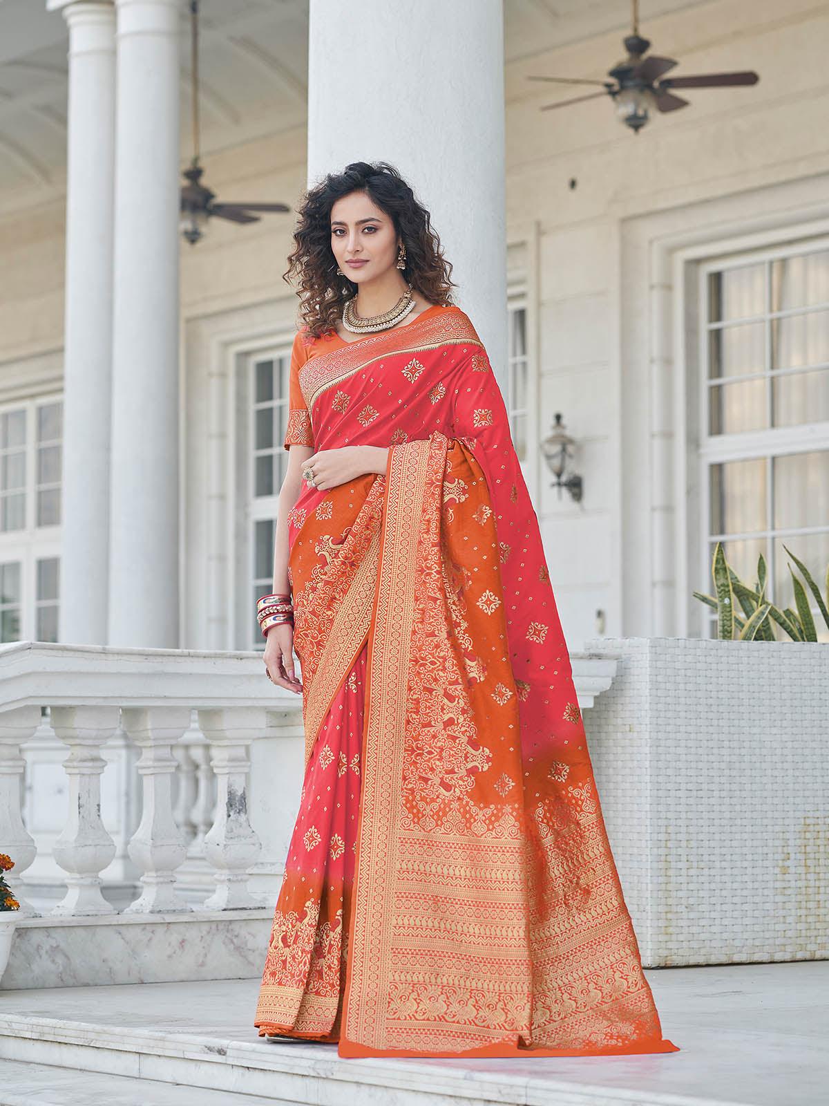 Red Handloom Kanjivaram Silk Saree with Orange and Green Border –  WeaverStory