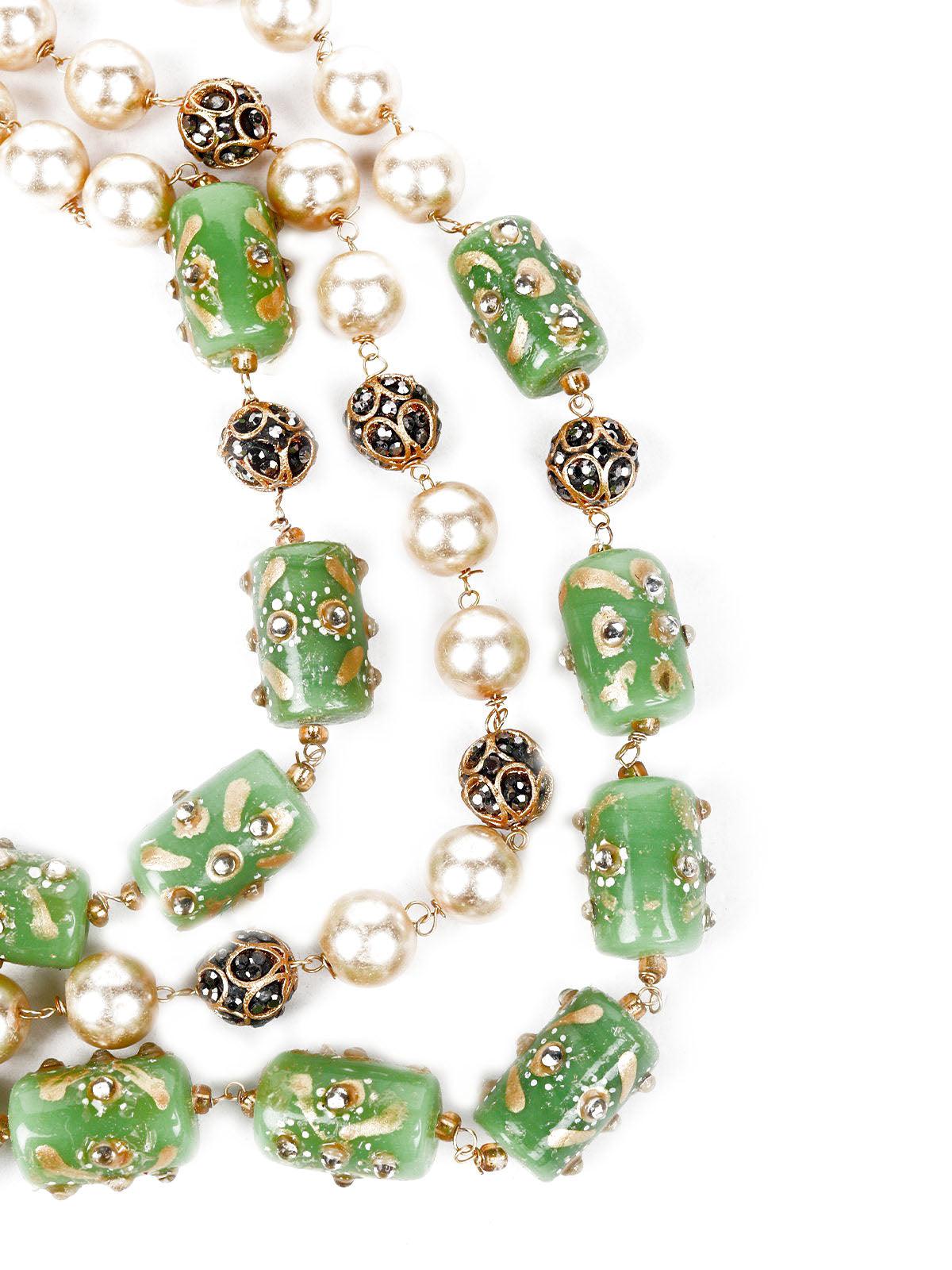 Green And Gold Pearl Beaded Necklace Set - Odette