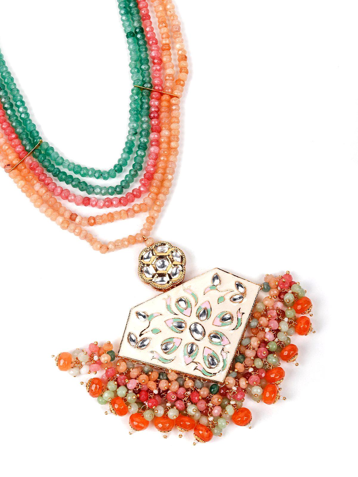 Green and orange beaded pendant necklace set - Odette