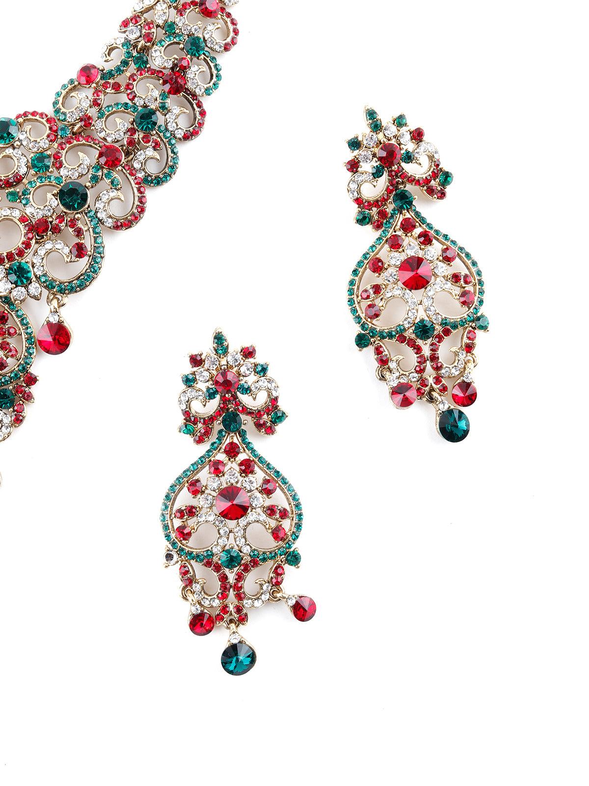 Green And Red Embellished Necklace Set - Odette