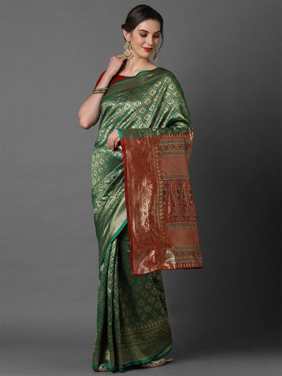 Green & Red wedding Silk Blend Woven Design Saree With Unstitched Blouse - Odette