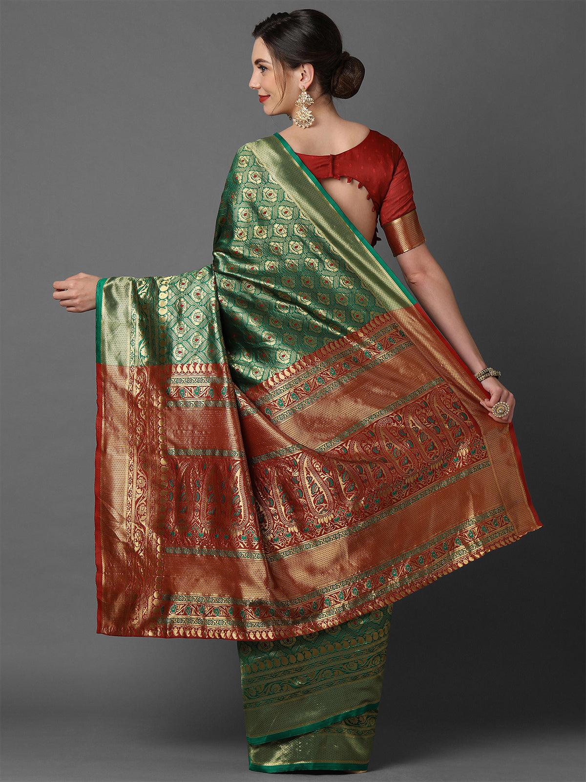 Green & Red wedding Silk Blend Woven Design Saree With Unstitched Blouse - Odette