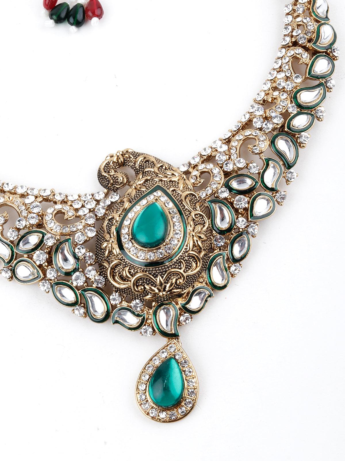 Green and White Kundan Paisley Choker Necklace - Odette