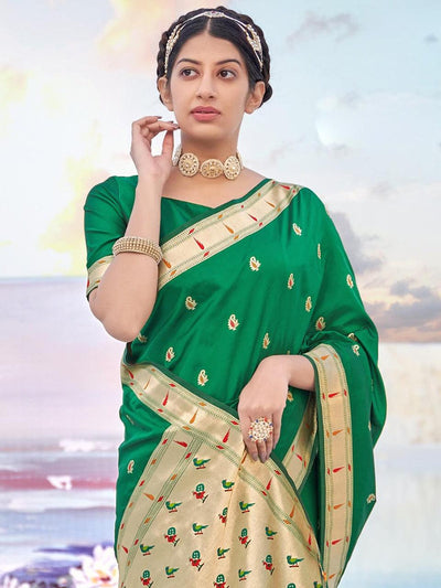 Green Banarasi Soft Silk Woven Design Saree With Blouse Piece - Odette