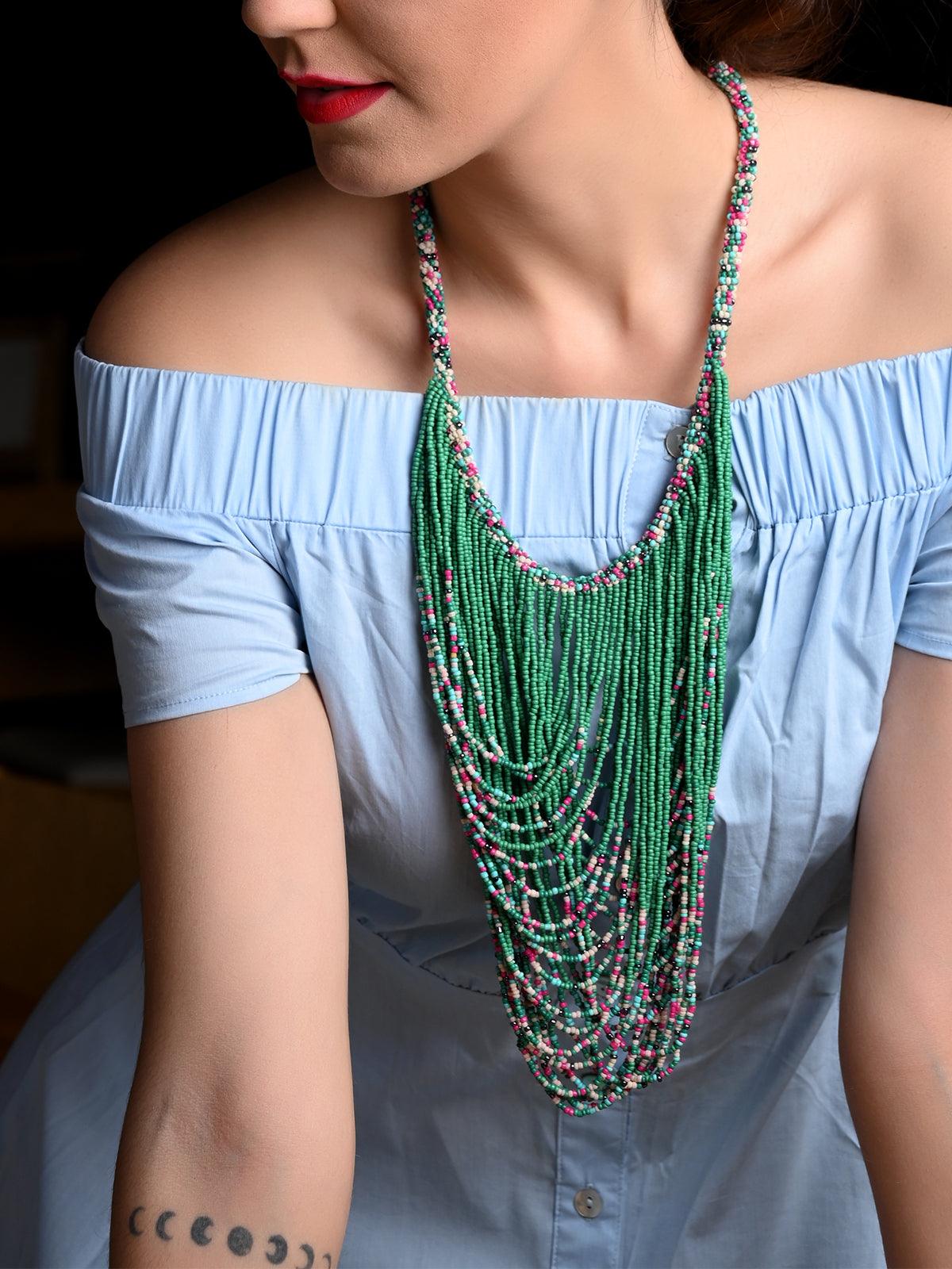 Green Beaded Multi-layered Necklace - Odette