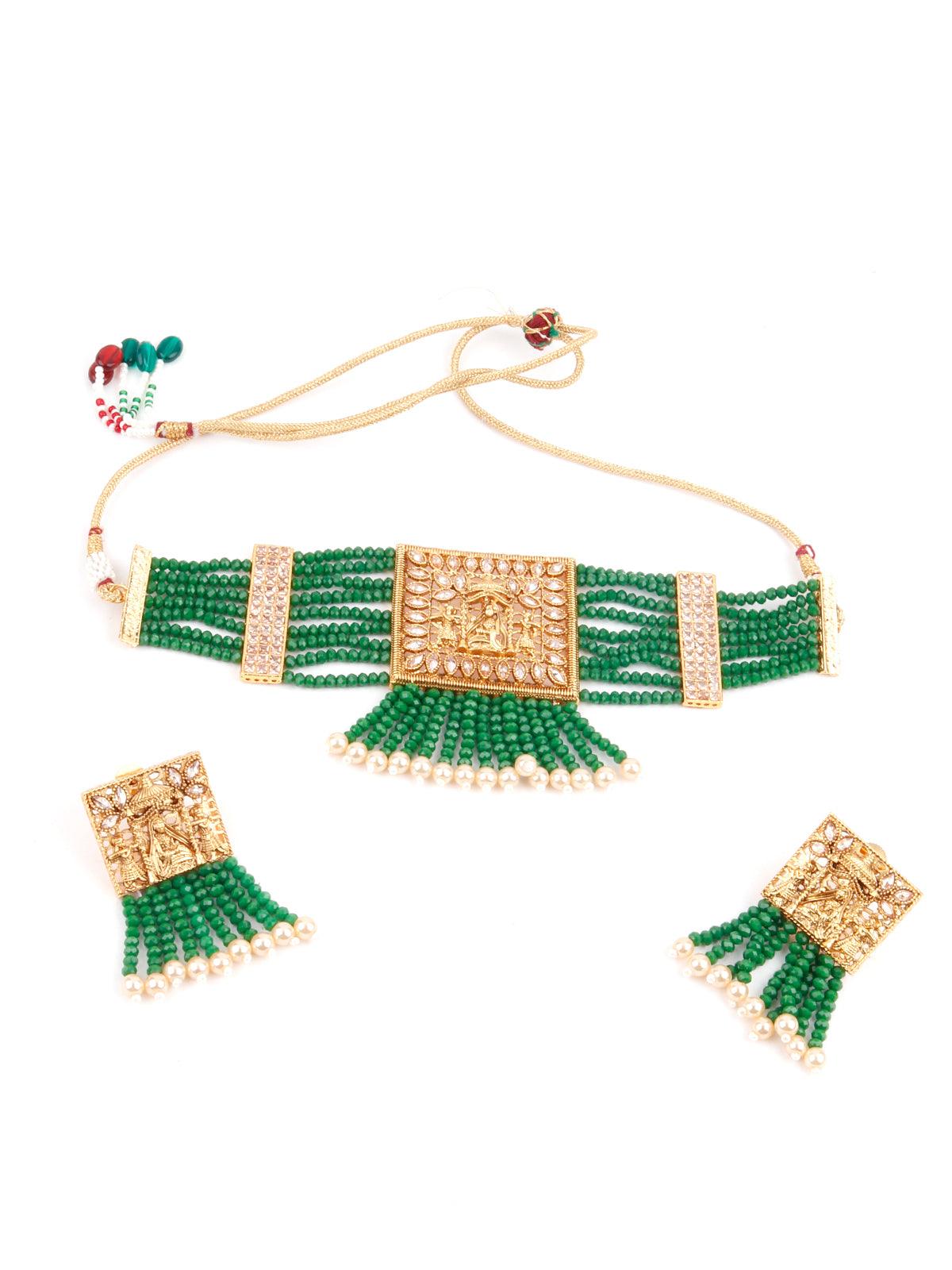 Green Beads Kundan Jewellery Set - Odette