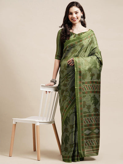 Green Casual Bhagalpuri Silk Printed Saree With Unstitched Blouse - Odette