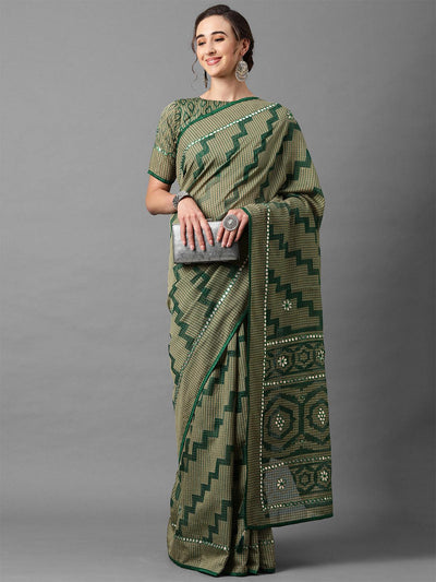 Green Casual Brasso Geomatric Print Saree With Unstitched Blouse - Odette