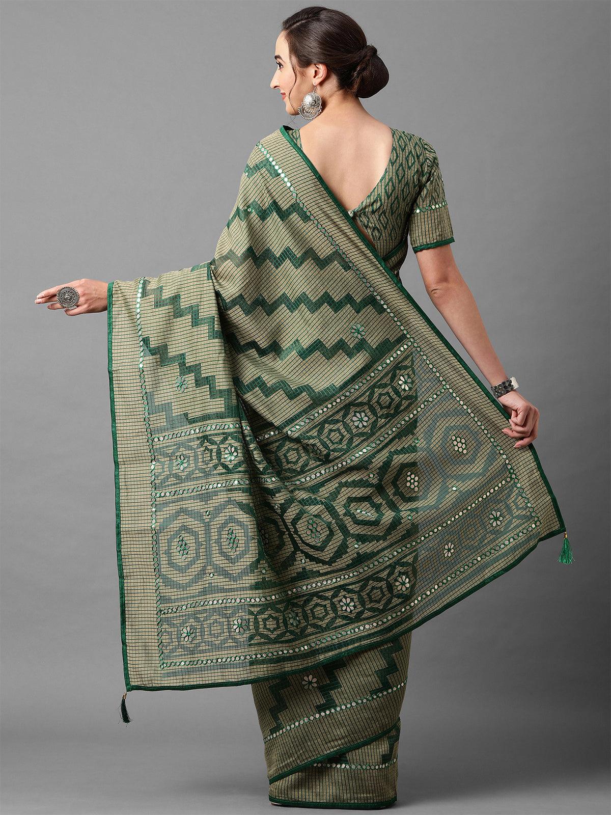 Green Casual Brasso Geomatric Print Saree With Unstitched Blouse - Odette