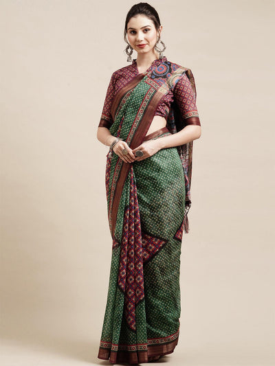 Green Casual Linen Blend Printed Saree With Unstitched Blouse - Odette