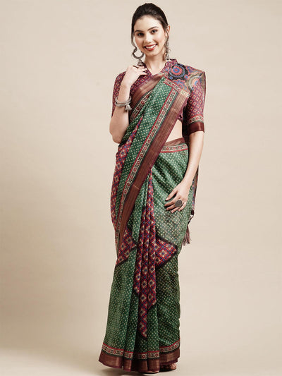 Green Casual Linen Blend Printed Saree With Unstitched Blouse - Odette