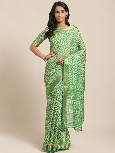 Green Casual Silk Blend Printed Saree With Unstitched Blouse - Odette