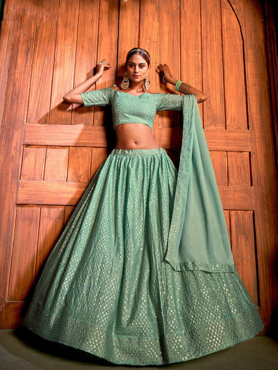Green Chinon Designer Sequance,Multy Embroidery Lehenga - Odette