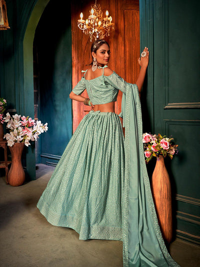 Green Chinon Designer Sequance,Multy Embroidery Lehenga - Odette