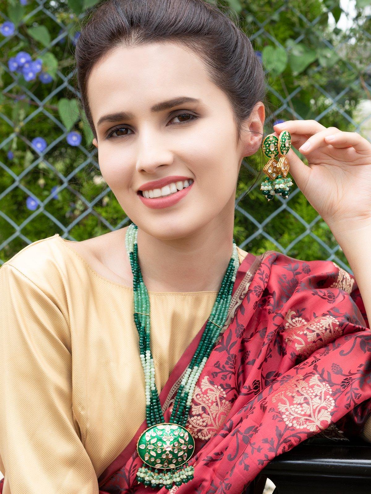 Green cluster pendant haar necklace set - Odette