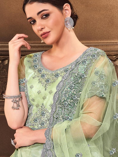 Green Colored Silk Embroidery Designer Lehenga Choli. - Odette